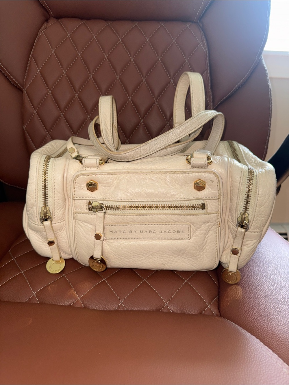Marc by Marc Jacobs Cream Leather Barrel Satchel with Gold Hardware